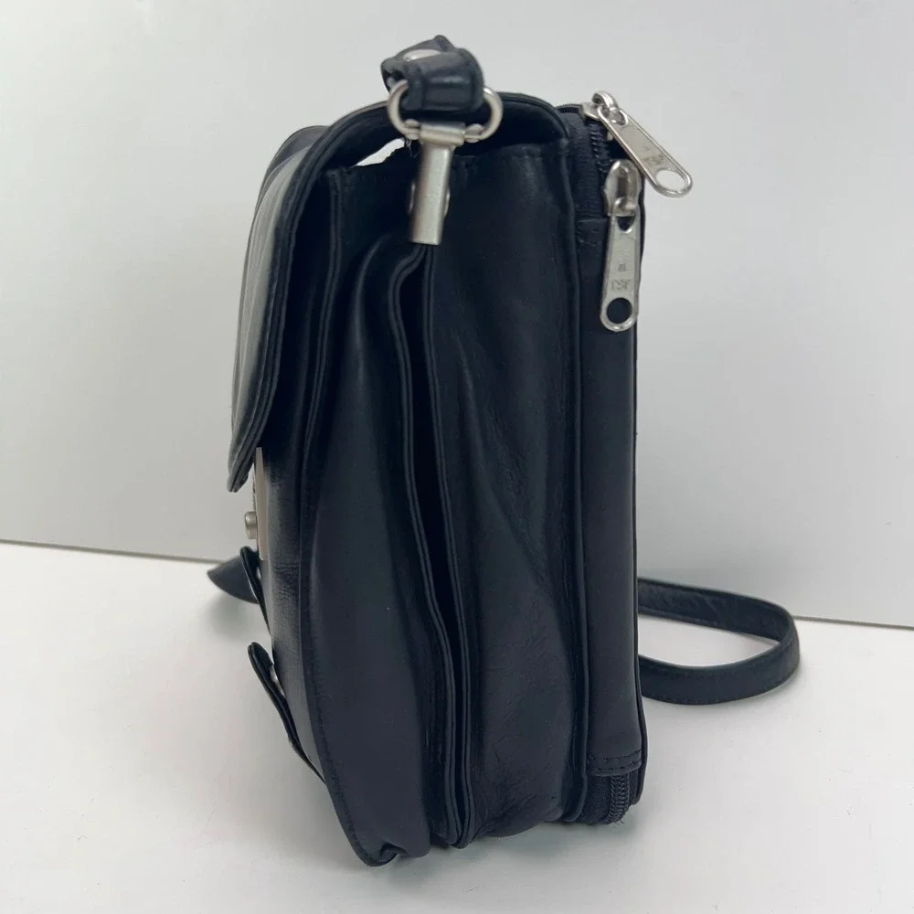 BLACK LEATHER Crossbody Wallet Style Organizer Multi Zip Pockets Travel Work Bag